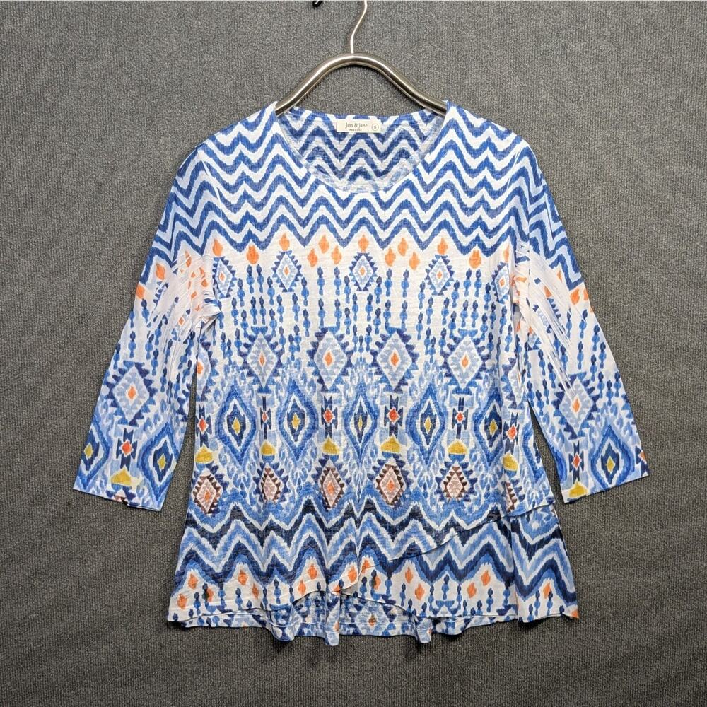 Jess and Jane Top Womens Small Layer Cut Blue White Orange 3/4 Sleeve Pullover